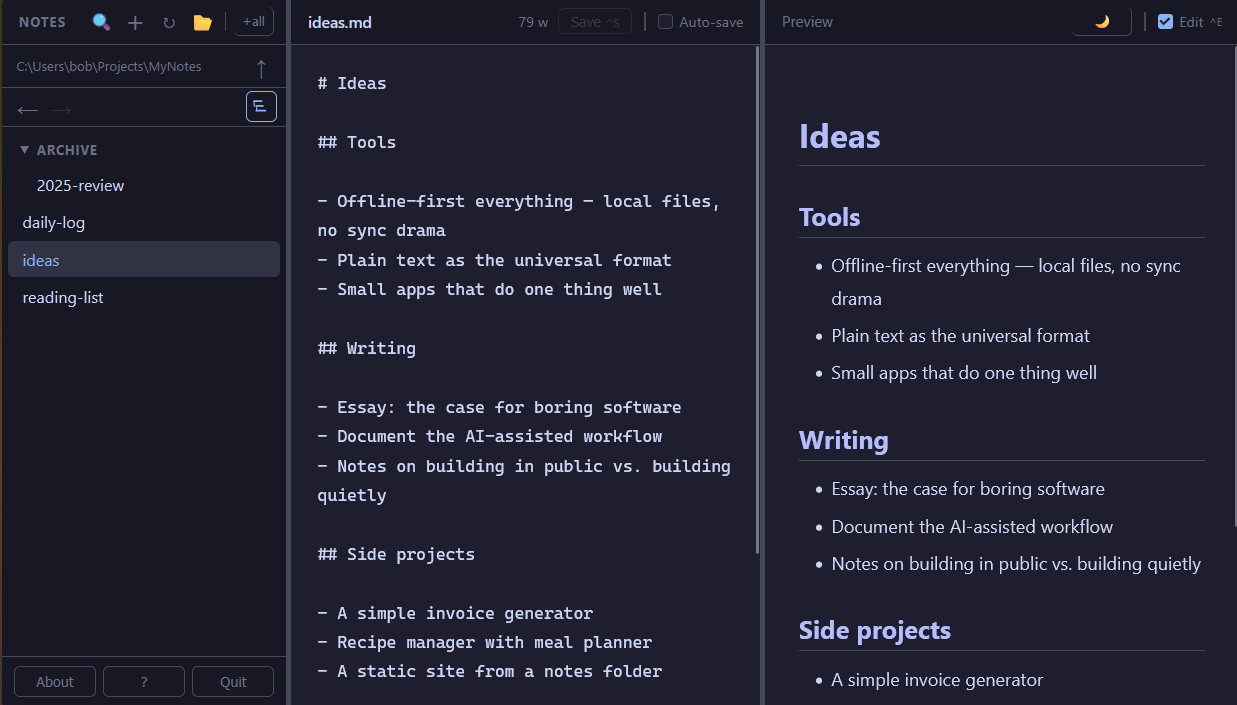 OwnMark — three-pane markdown editor showing sidebar, editor, and live preview